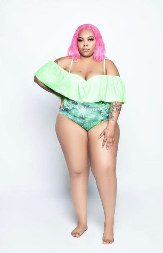 2 Piece Neon Green Palm Tree Swimsuit